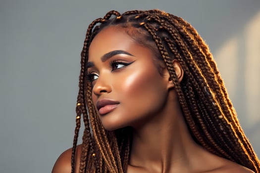 Studio portrait of model showing braided hairstyle and makeup photo