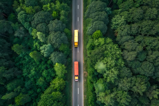 Yellow bus and orange truck driving on a road through green forest photo