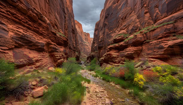 Narrow canyon with towering red rock walls and lush vegetation surrounding small flowing stream photo