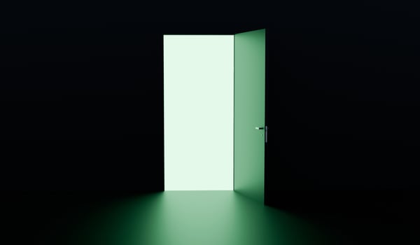 Light through door, open door, lighted corridor, 3D illustration photo