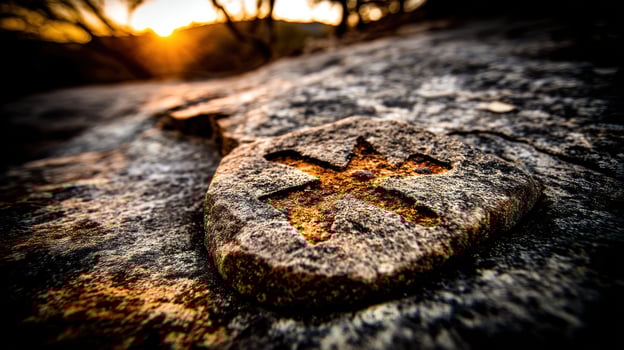 Ancient cross carved into rock photo