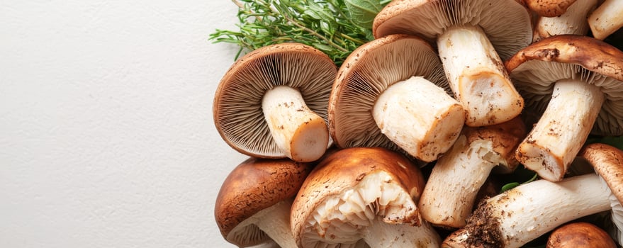 Mushrooms arranged with greenery on a textured surface. photo