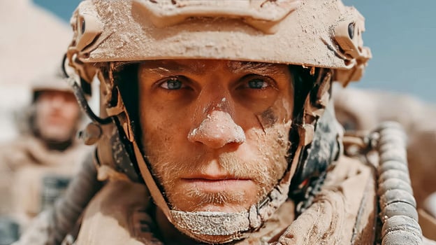 A soldier in a modern military uniform, helmet and body armor stands firmly with a serious expression on his face photo