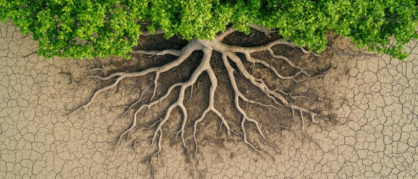 Drought impact on tree roots dry landscape aerial view environmental awareness photo
