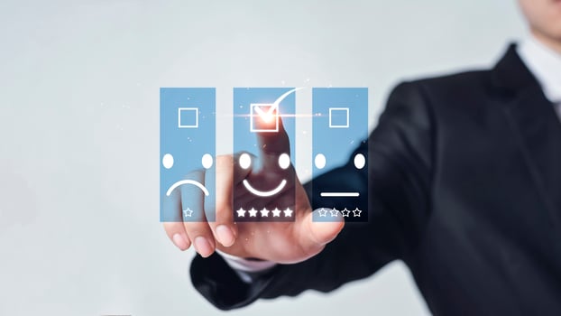 Businessman with the concept of a digital after-sales customer satisfaction survey photo