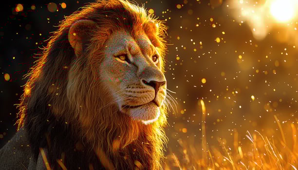 A lion is standing in the grass with the sun shining photo