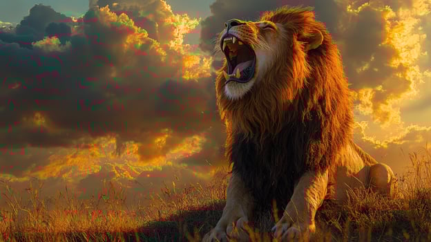 The lion roars in the sunset photo