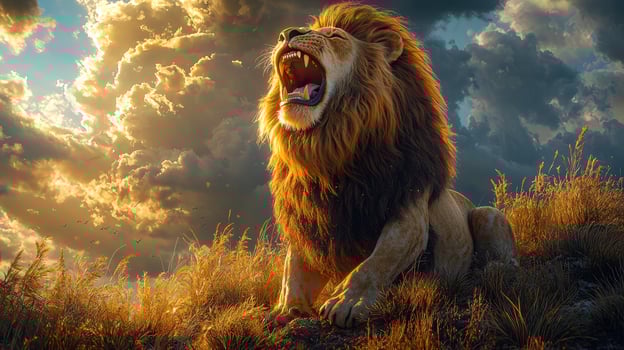 Lion roaring in the field with a cloudy sky photo