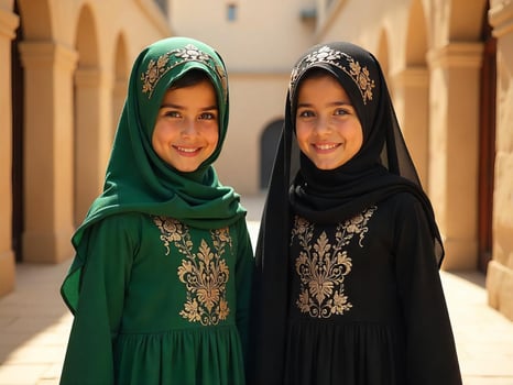 Smiling Young Girls Wearing Hijabs in Traditional Dresses on City Street photo
