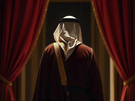 Rear View of Middle Eastern Man in Traditional Dress Near Curtains photo