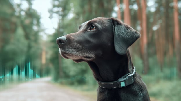 Black dog in forest wearing a modern AI-powered smart collar with health and activity tracking. Futuristic wearable technology for pets and dogs' wellbeing monitoring. photo