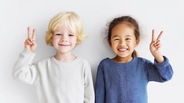 Two smiling children showing peace signs, symbolizing unity, joy, and a hopeful future of global harmony and friendship across cultures. Bright, cheerful, and heartwarming image. photo