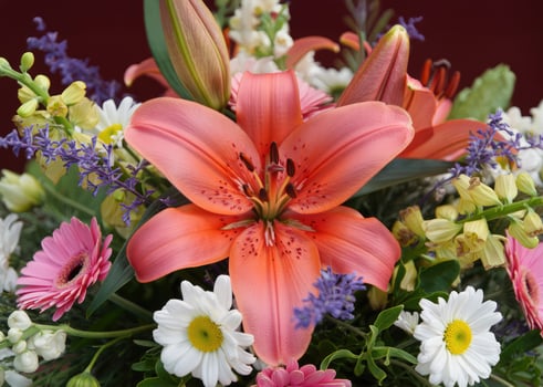 A beautiful and colorful bouquet of lilies, daisies, and gerbera flowers in full bloom. photo