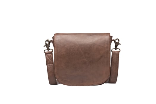 Elegant brown leather crossbody bag with adjustable shoulder strap on white background photo