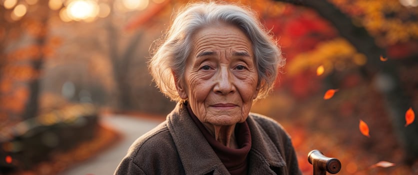 Elderly person walking with cane on autumn path photo