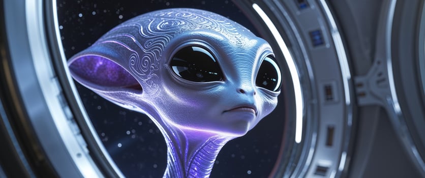 Alien creature observing through spacecraft window photo