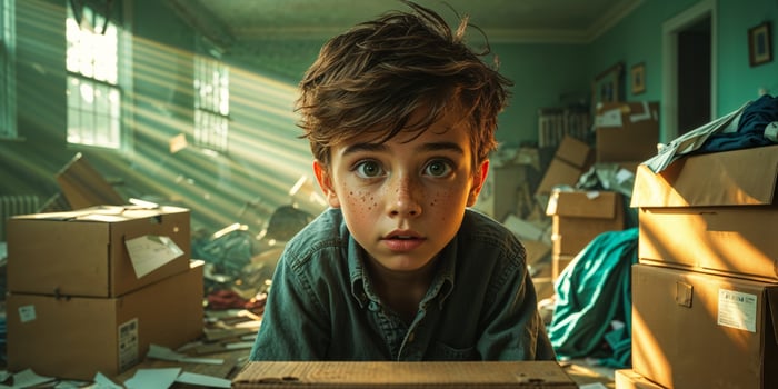 Boy looking at boxes in messy room during move. photo