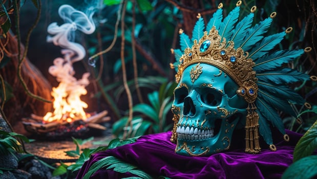 Ornate Teal Skull with Gold Headdress on Purple Cloth near Burning Offering in Lush Jungle Setting. photo