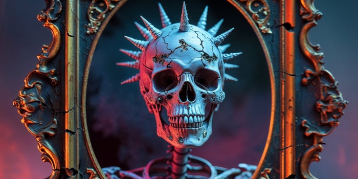 A skeleton with spikes on its head is in a frame photo