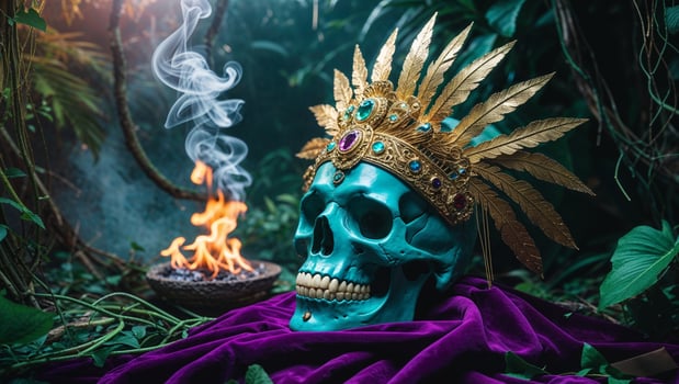 Ornate Teal Skull with Gold Headdress on Purple Cloth near Burning Offering in Lush Jungle Setting photo
