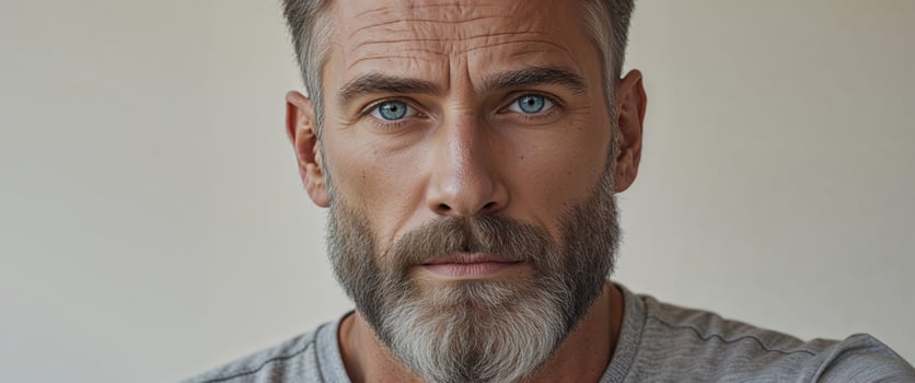 Man with a beard and blue eyes is wearing a gray shirt photo