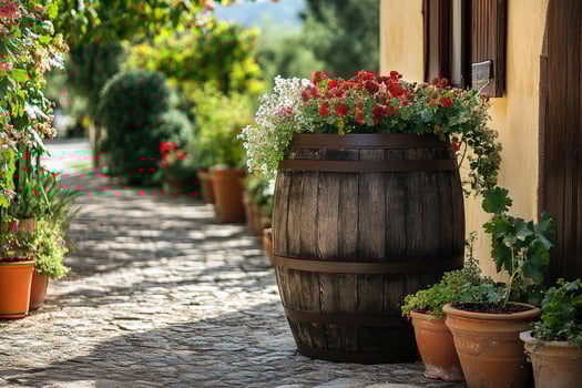 Rustic Charm Vintage Wooden Barrel Water Container in Countryside photo