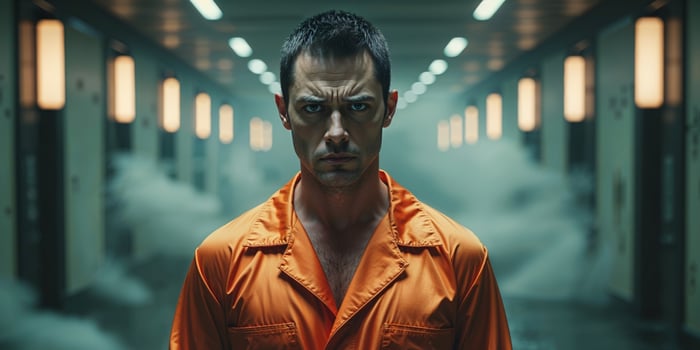 A man in an orange jumpsuit stands in a hallway photo
