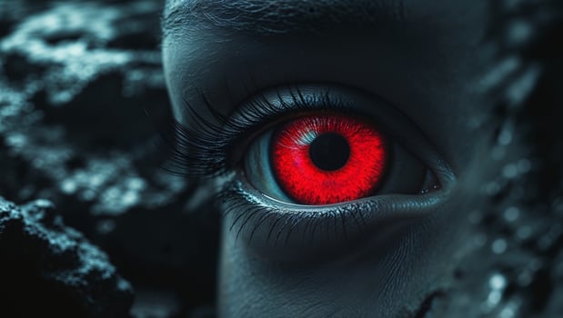 Closeup of a Glowing Red Eye with Dark Textured Surroundings photo