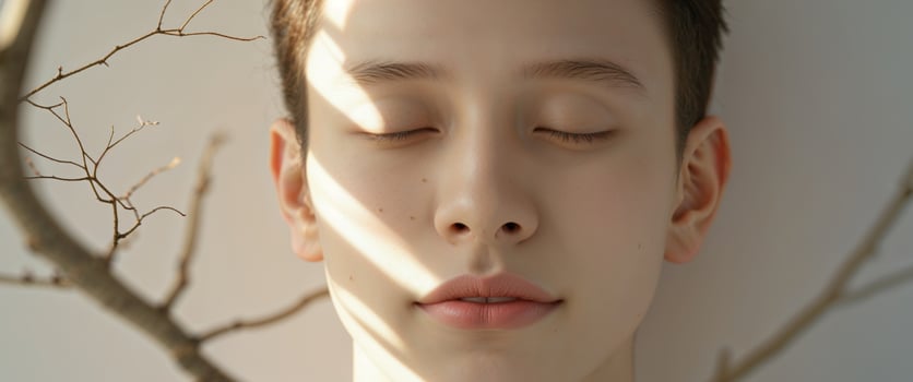 A tight shot of a face with a tree branch superimposed above it photo