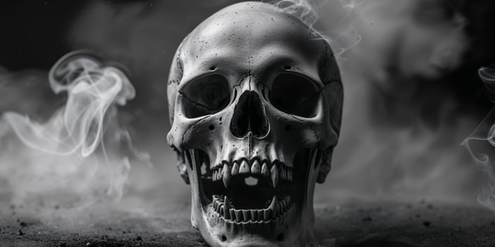 A black and white photo of a skull with smoke coming out of it
