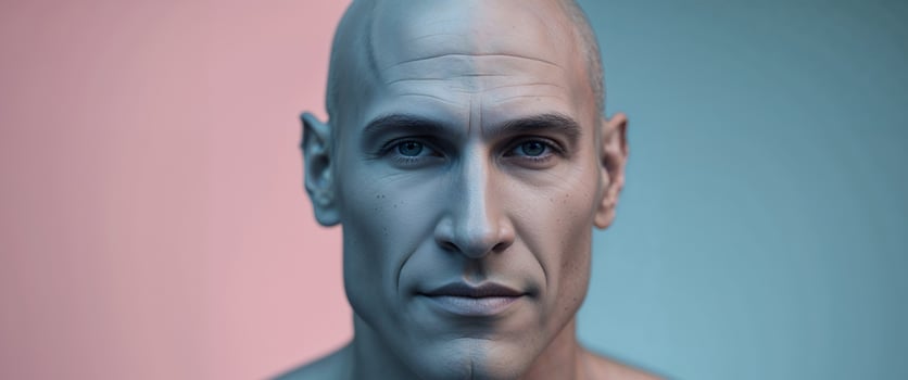 A bald man with a blue and pink face photo