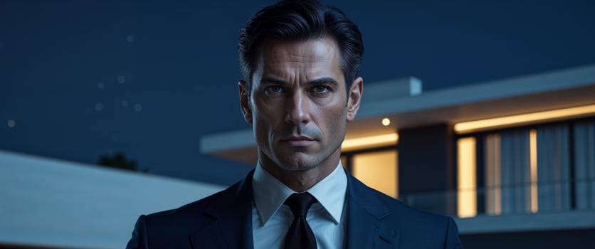 A man in a suit and tie standing in front of a house photo