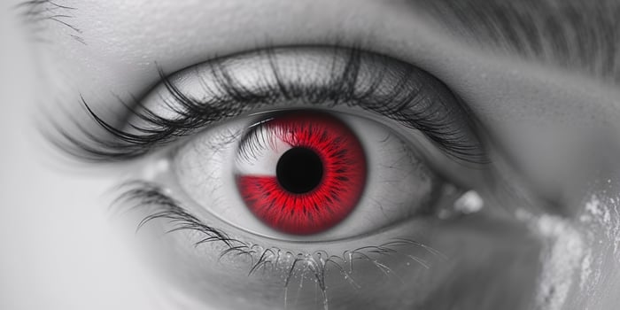 A close up of a person's eye with a red iris. photo