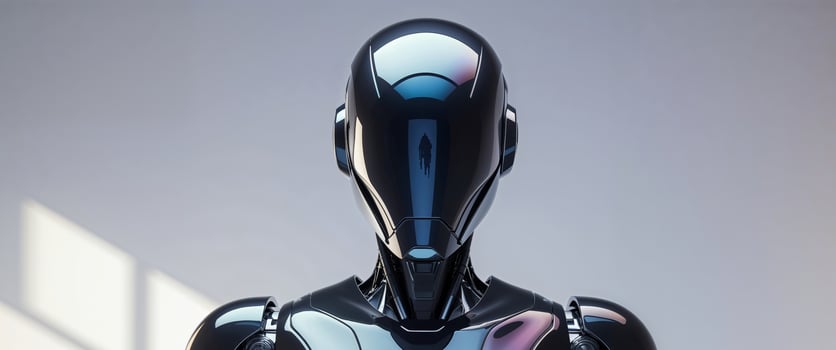 Futuristic Robot with Sleek Black Helmet Standing Art Image. photo