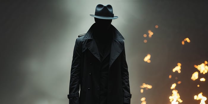 A man in a black coat and hat standing in front of fire photo