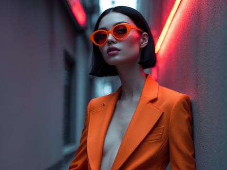 A woman in an orange suit and sunglasses photo