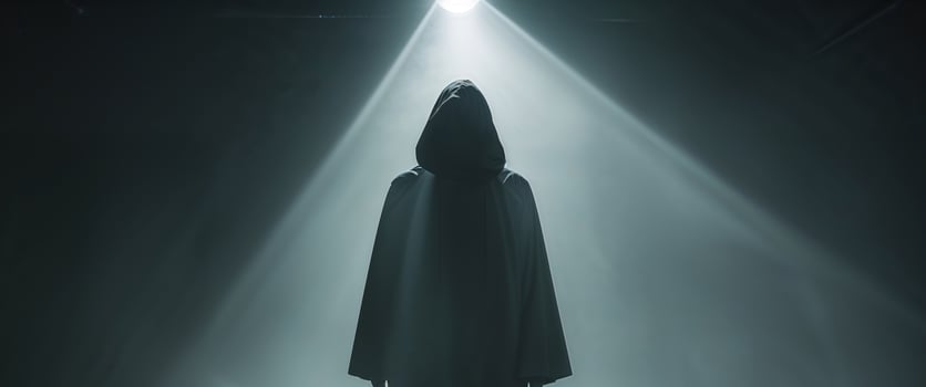 A person in a hooded cloak standing in the dark photo