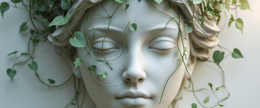 A statue with green plants growing on it's head photo