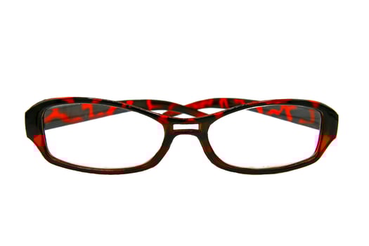 Red and Black vintage glasses isolated on white background. Accessory and object concept photo