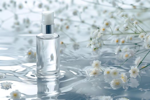 White glass cosmetic bottles on a pedestal on white background and the sun with flowers. photo