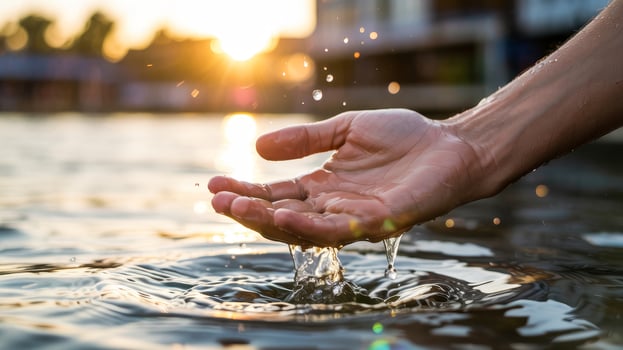 Gentle hand reaching toward the shimmering water at sunset, capturing the essence of nature's beauty photo