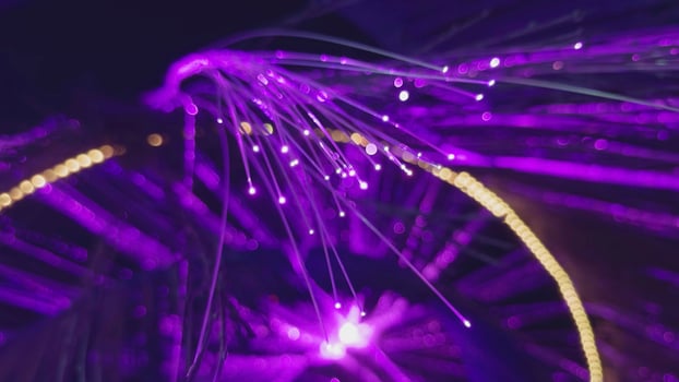 Fiber optic lamp shining with purple light. Action photo