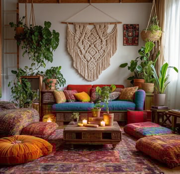 A living room with a rug, pillows and a couch photo