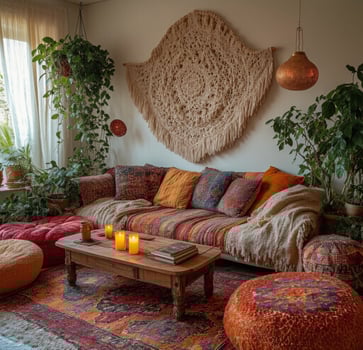 A living room with a rug, couch and potted plants photo