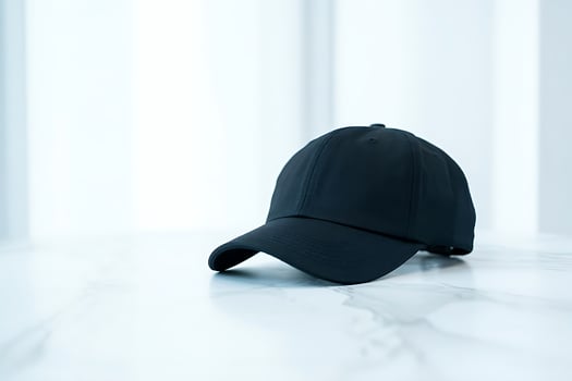 Simple Studio Shot Showcasing a Plain Black Baseball Cap on Marble Surface photo