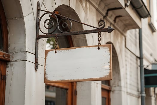 Blank wooden sign on ornate bracket, facade provides architectural backdrop photo