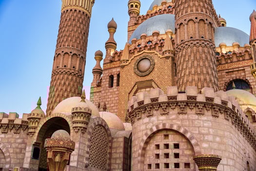 Stunning architecture of a traditional castle with elaborate towers and detailed walls in a sunny outdoor setting photo