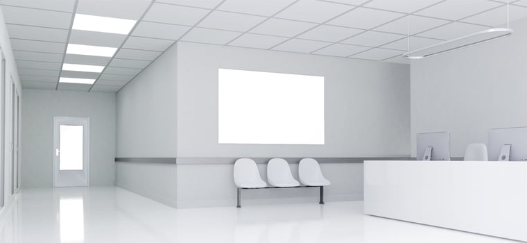 Bright and spacious hospital entrance with sleek reception, 3D render illustration photo