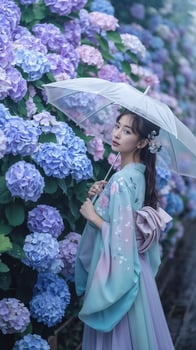 Woman in kimono with hydrangeas photo