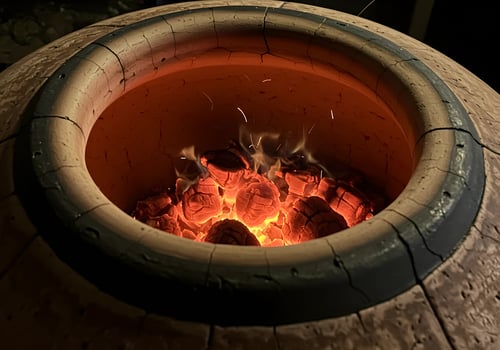 Burning Charcoal Inside Tandoor Oven with Glowing Embers and Rising Flames photo